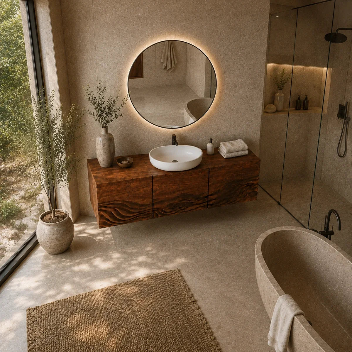 Bathroom Vanity with Hand-Carved Wave Drawers in Natural Solid Wood - Arboriswood - 5