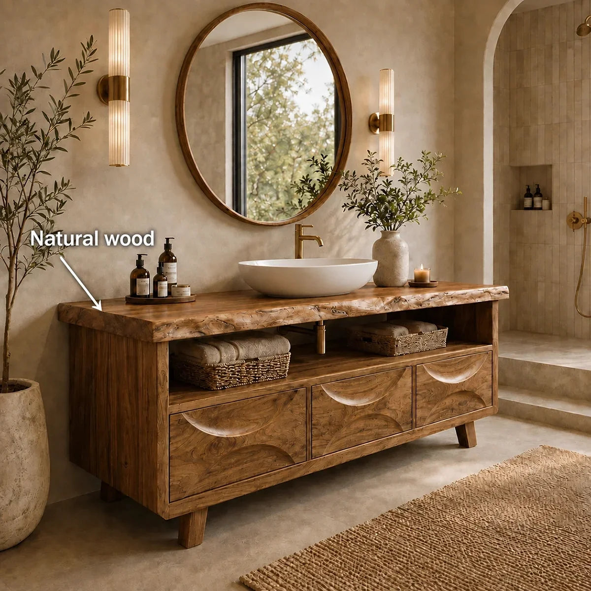 Bathroom Vanity with Hand-Carved Wave Drawers in Natural Solid Wood - Arboriswood - 5