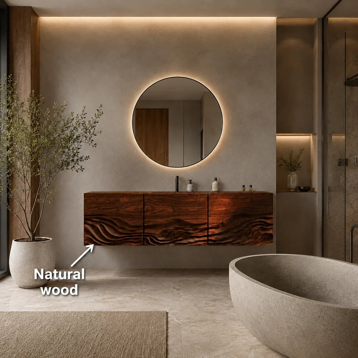 Bathroom Vanity with Hand-Carved Wave Drawers in Natural Solid Wood - Arboriswood - 5