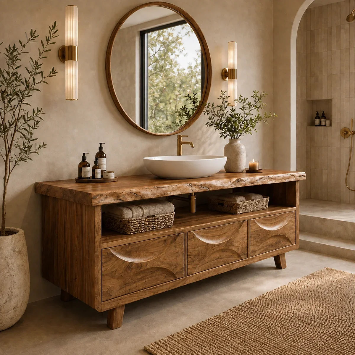 Bathroom Vanity with Hand-Carved Wave Drawers in Natural Solid Wood - Arboriswood - 7