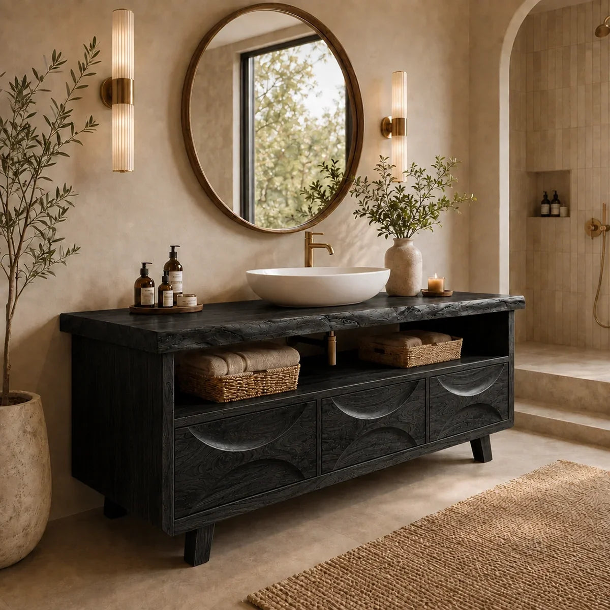 Bathroom Vanity with Hand-Carved Wave Drawers in Natural Solid Wood - Arboriswood - 8