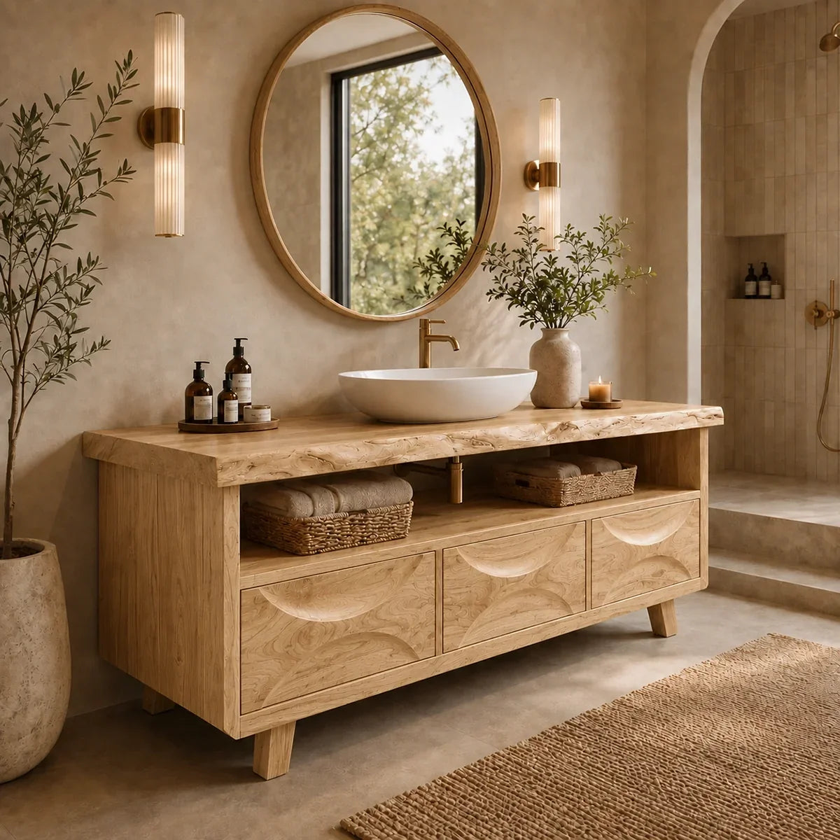 Bathroom Vanity with Hand-Carved Wave Drawers in Natural Solid Wood - Arboriswood - 9
