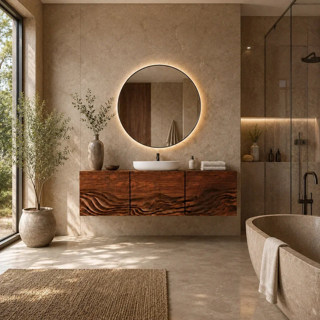 Bathroom Vanity with Hand-Carved Wave Drawers in Natural Solid Wood - Arboriswood