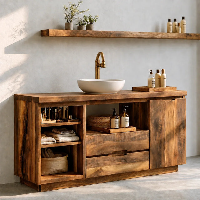 Bathroom Vanity with Open Shelving and Cabinet Doors in Natural Solid Wood - Arboriswood