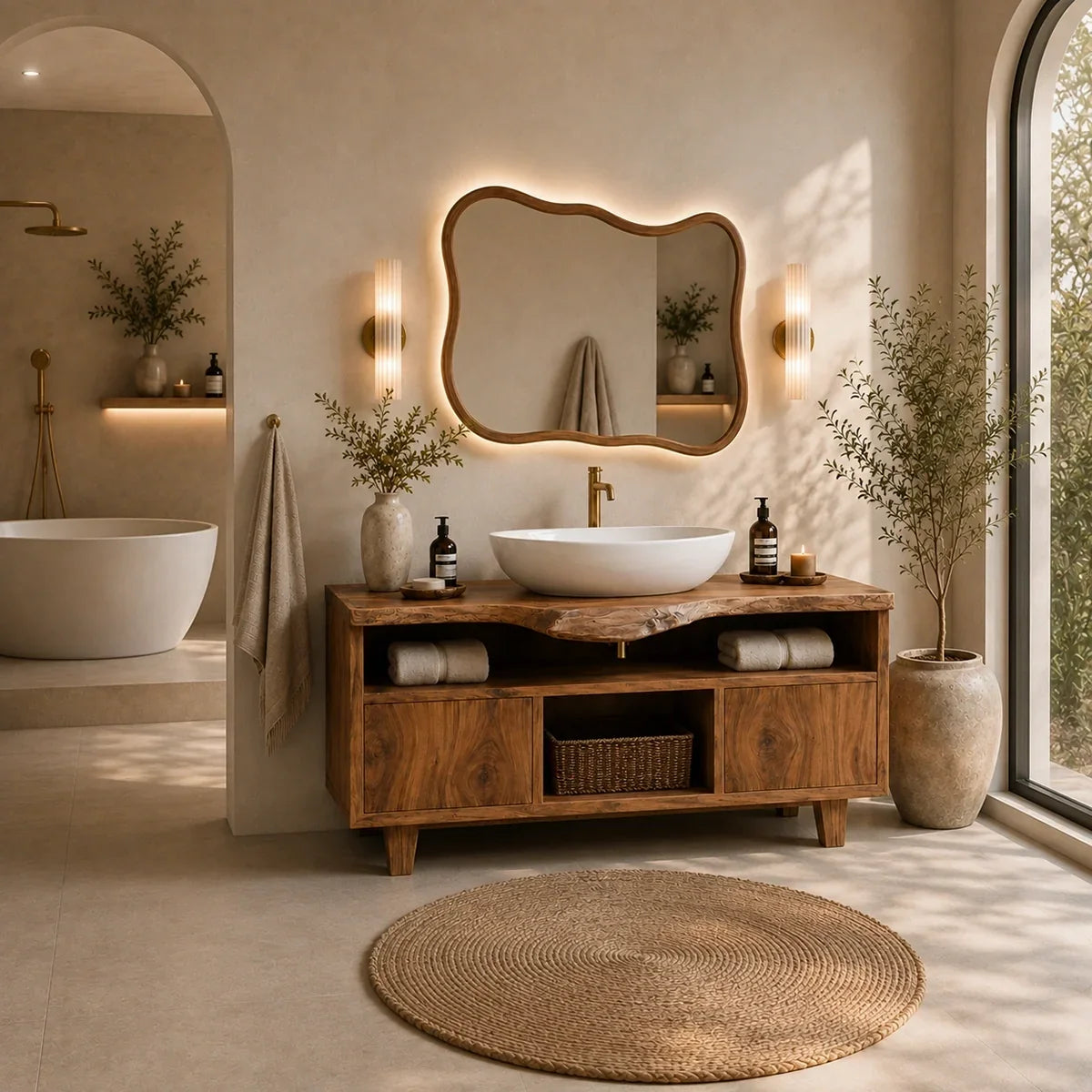 Bathroom Vanity with Open Shelving and Cabinet Storage in Natural Solid Wood - Arboriswood - 1