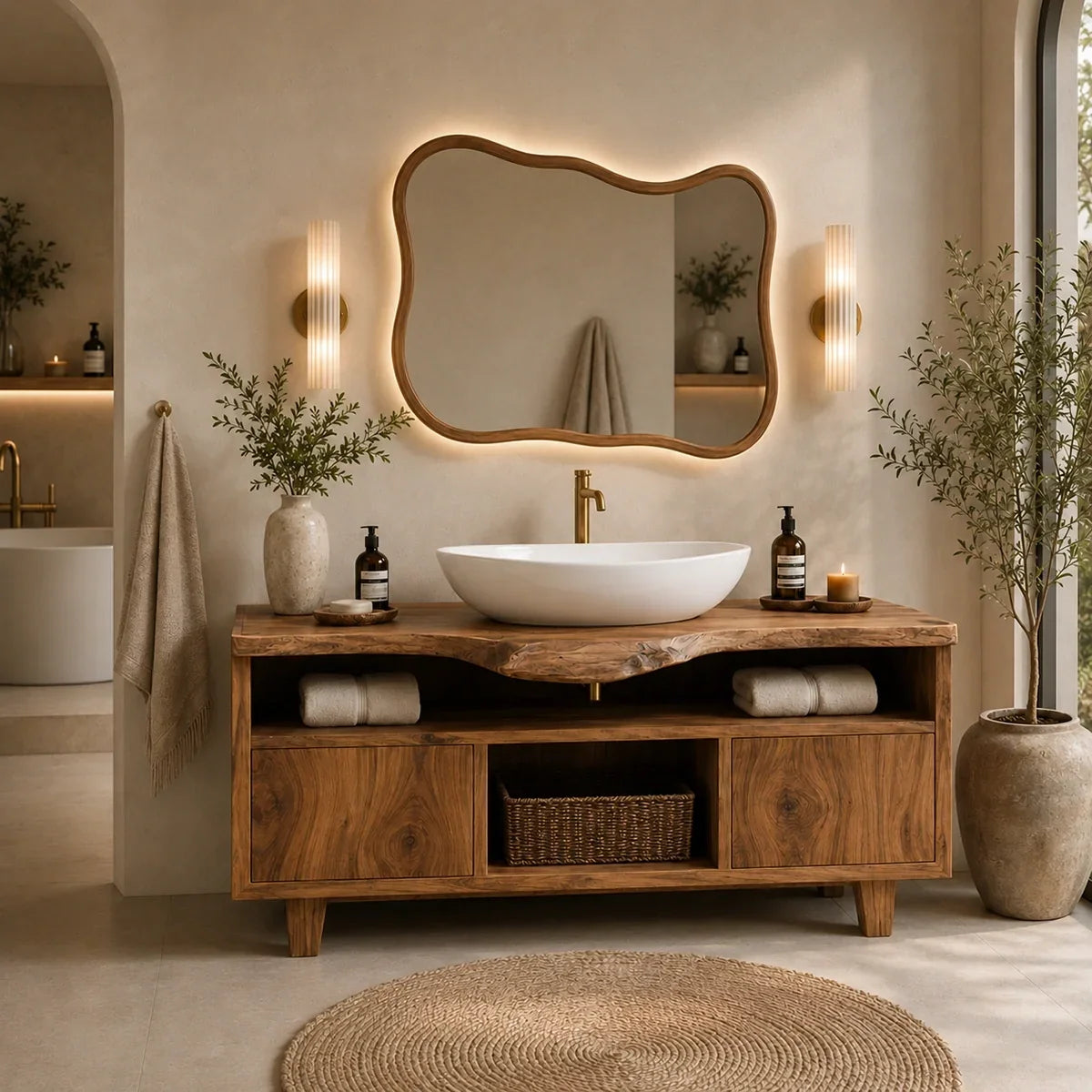 Bathroom Vanity with Open Shelving and Cabinet Storage in Natural Solid Wood - Arboriswood - 2