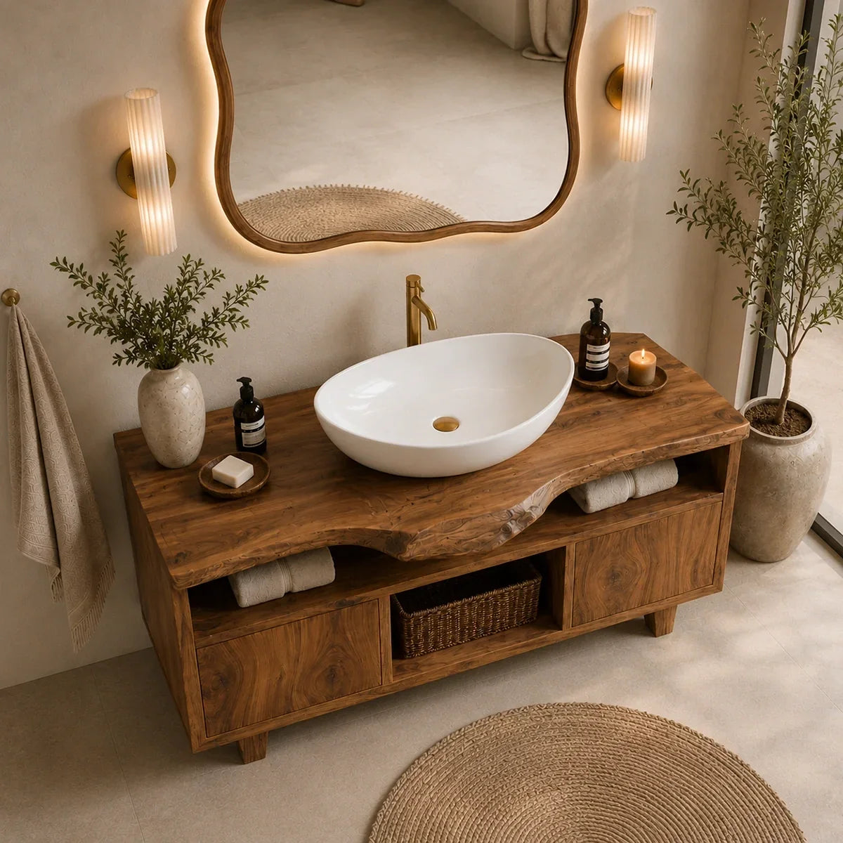 Bathroom Vanity with Open Shelving and Cabinet Storage in Natural Solid Wood - Arboriswood - 4
