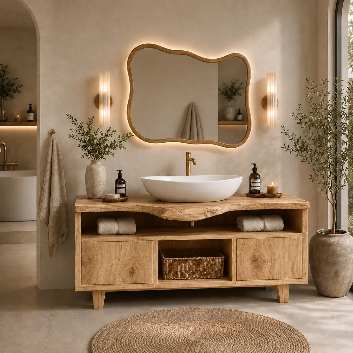 Bathroom Vanity with Open Shelving and Cabinet Storage in Natural Solid Wood - Arboriswood - 9