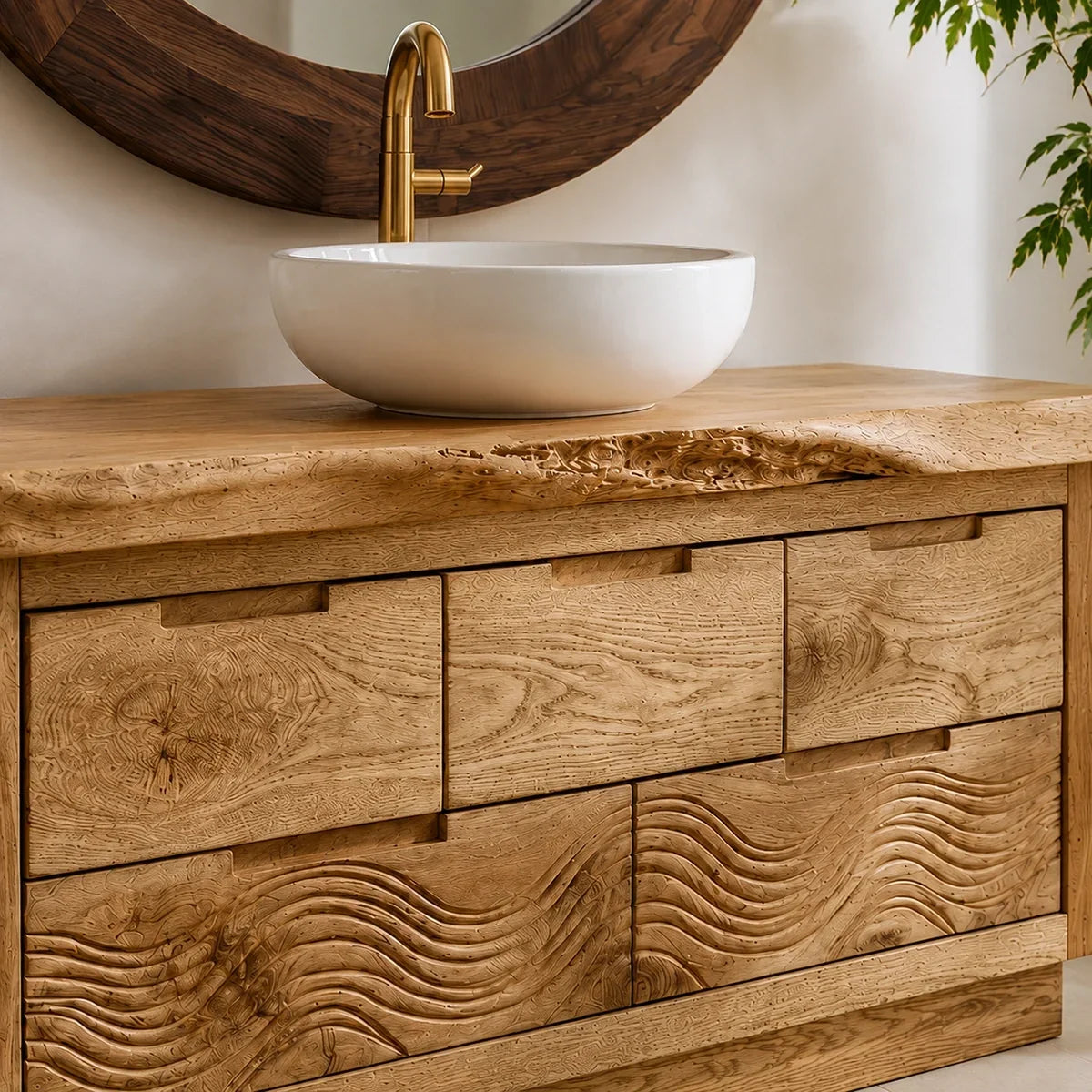 Bathroom Vanity with Sculptural Wave-Carved Drawer in Natural Solid Wood - Arboriswood - 2