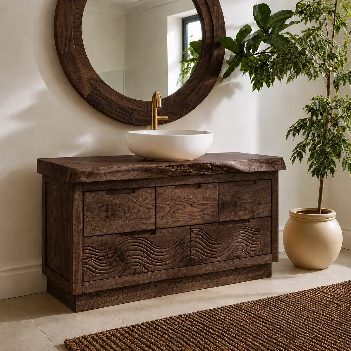 Bathroom Vanity with Sculptural Wave-Carved Drawer in Natural Solid Wood - Arboriswood - 5
