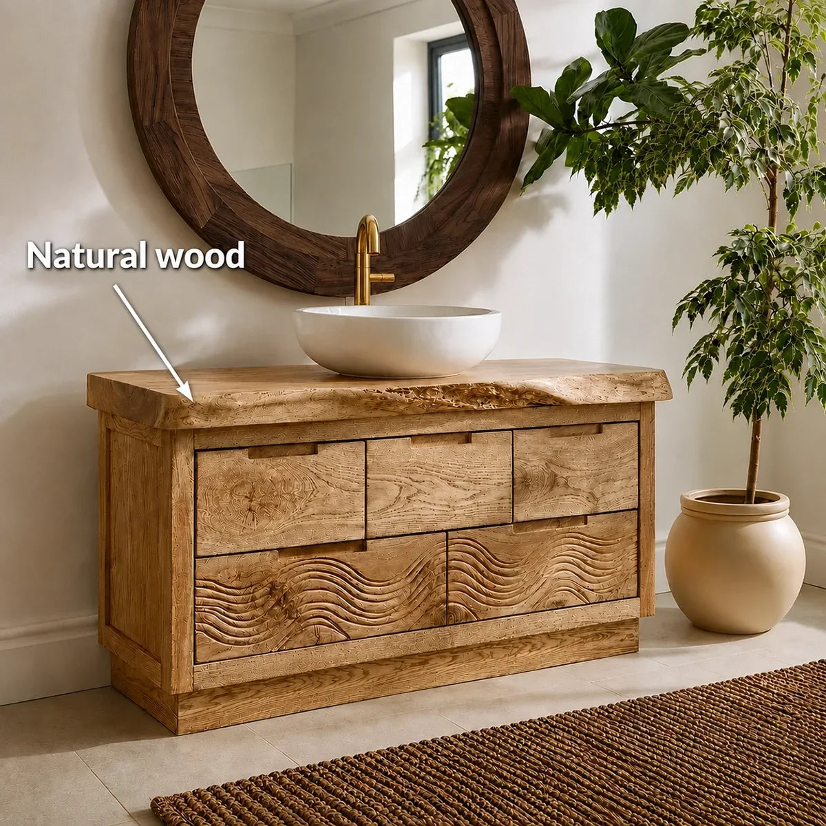 Bathroom Vanity with Sculptural Wave-Carved Drawer in Natural Solid Wood - Arboriswood - 9