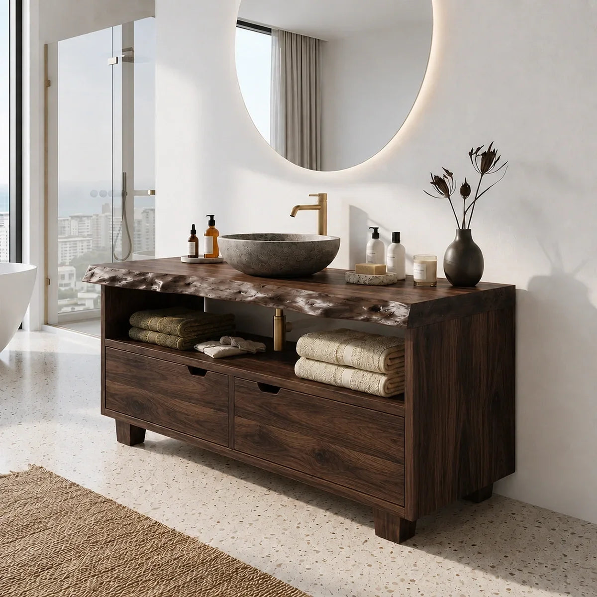 Bathroom Vanity with Two Drawers and Open Shelving in Natural Solid Wood - Arboriswood - 10
