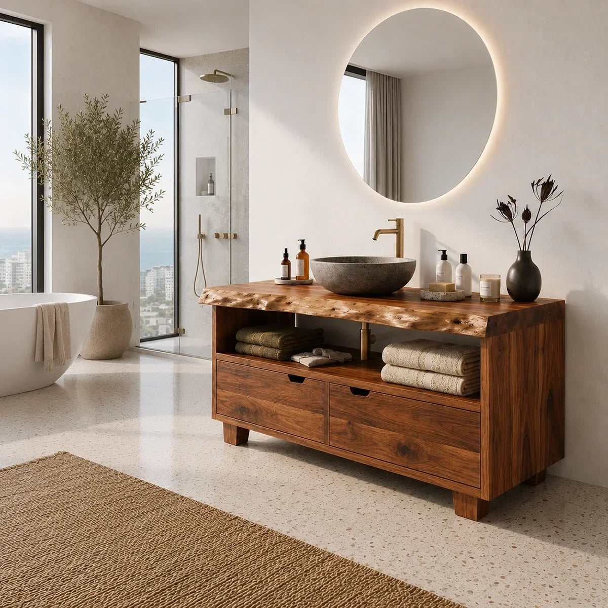 Bathroom Vanity with Two Drawers and Open Shelving in Natural Solid Wood - Arboriswood - 1