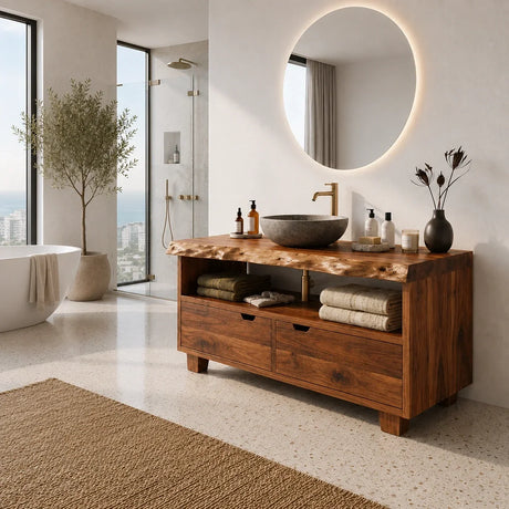 Bathroom Vanity with Two Drawers and Open Shelving in Natural Solid Wood - Arboriswood - 1