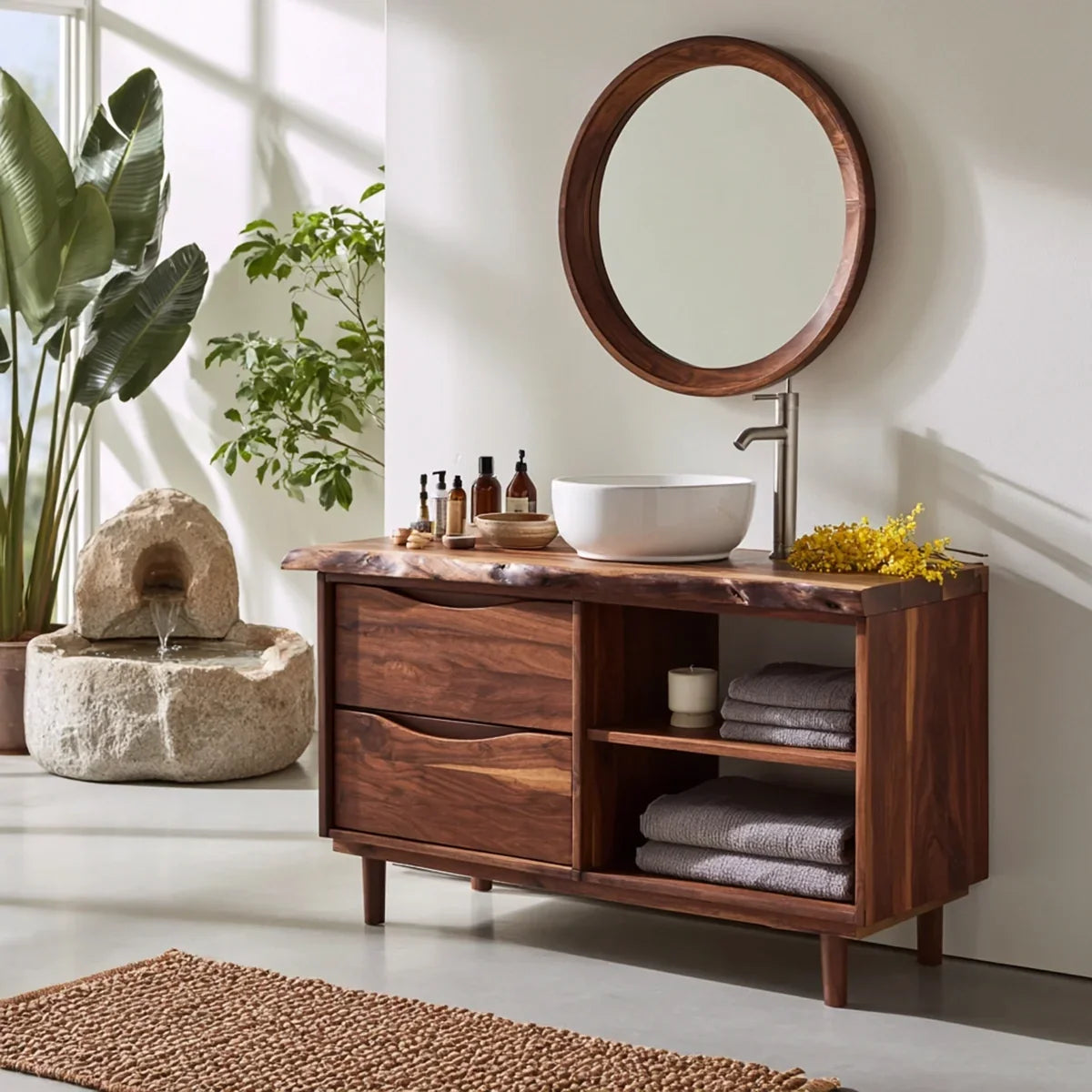 Bathroom Vanity with Two Drawers and Open Shelving in Natural Solid Wood - Arboriswood - 1
