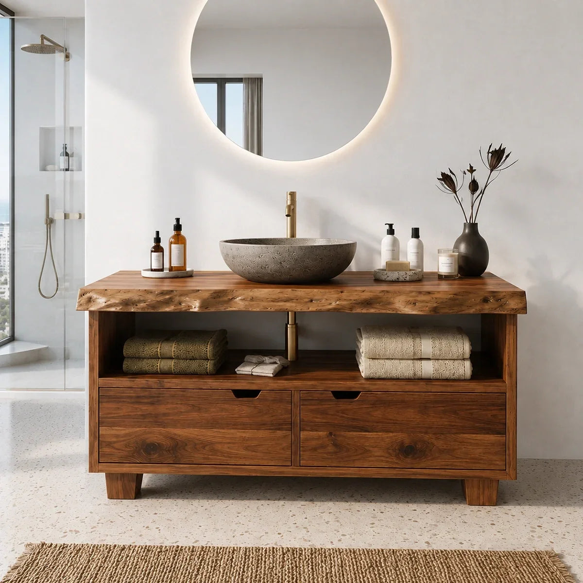 Bathroom Vanity with Two Drawers and Open Shelving in Natural Solid Wood - Arboriswood - 2