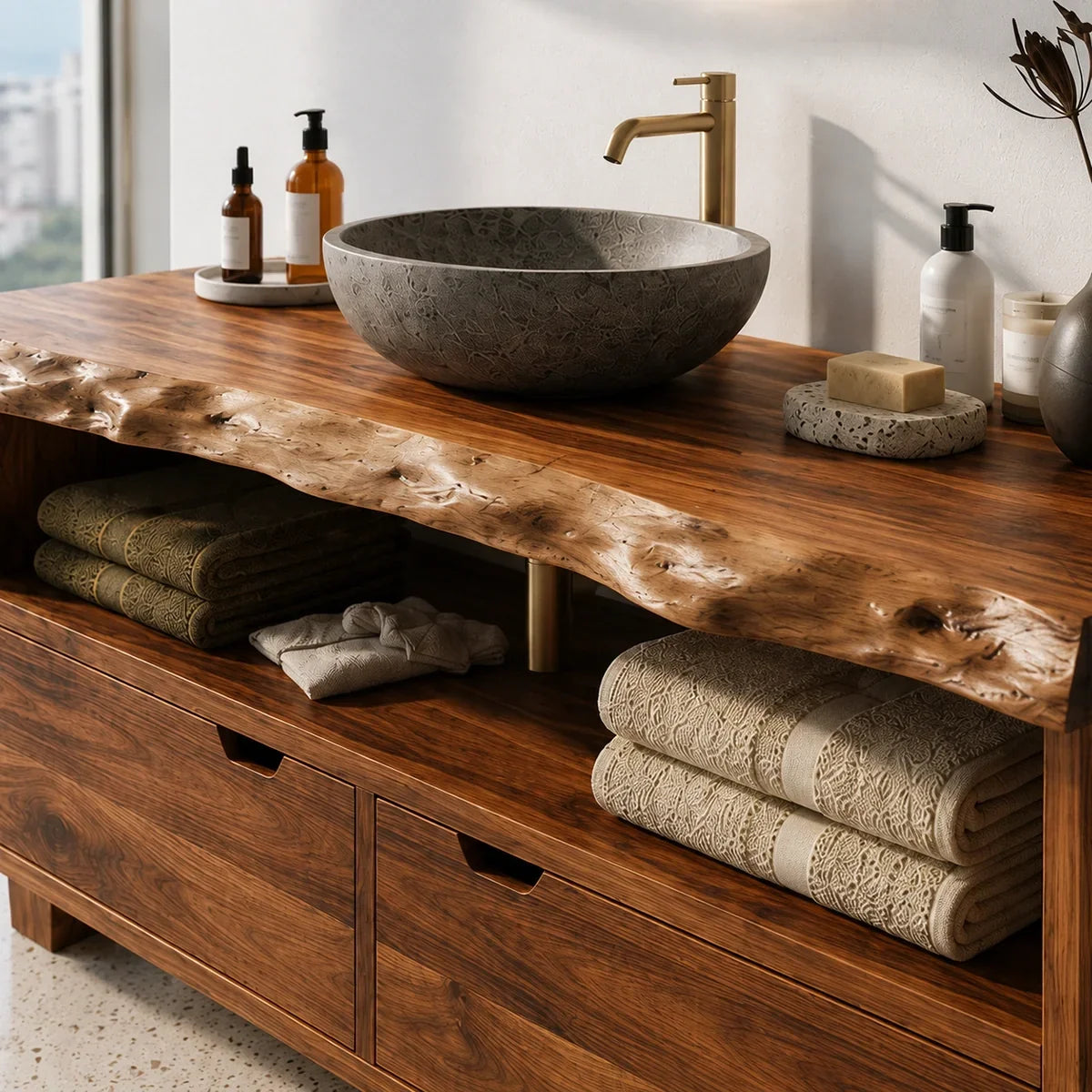 Bathroom Vanity with Two Drawers and Open Shelving in Natural Solid Wood - Arboriswood - 3