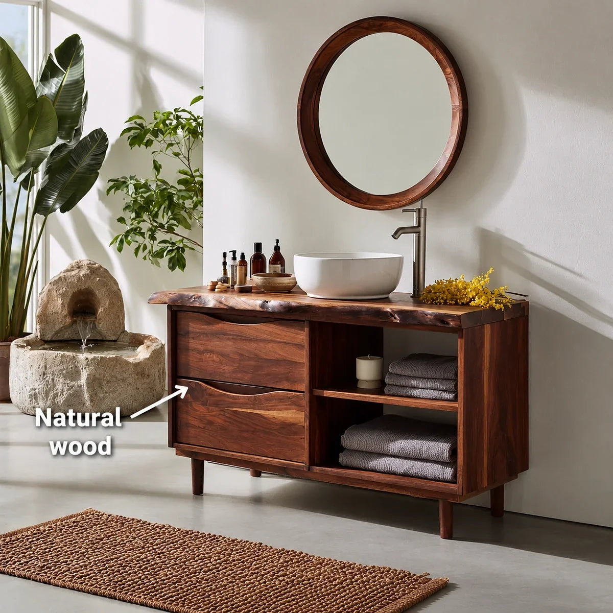 Bathroom Vanity with Two Drawers and Open Shelving in Natural Solid Wood - Arboriswood - 5