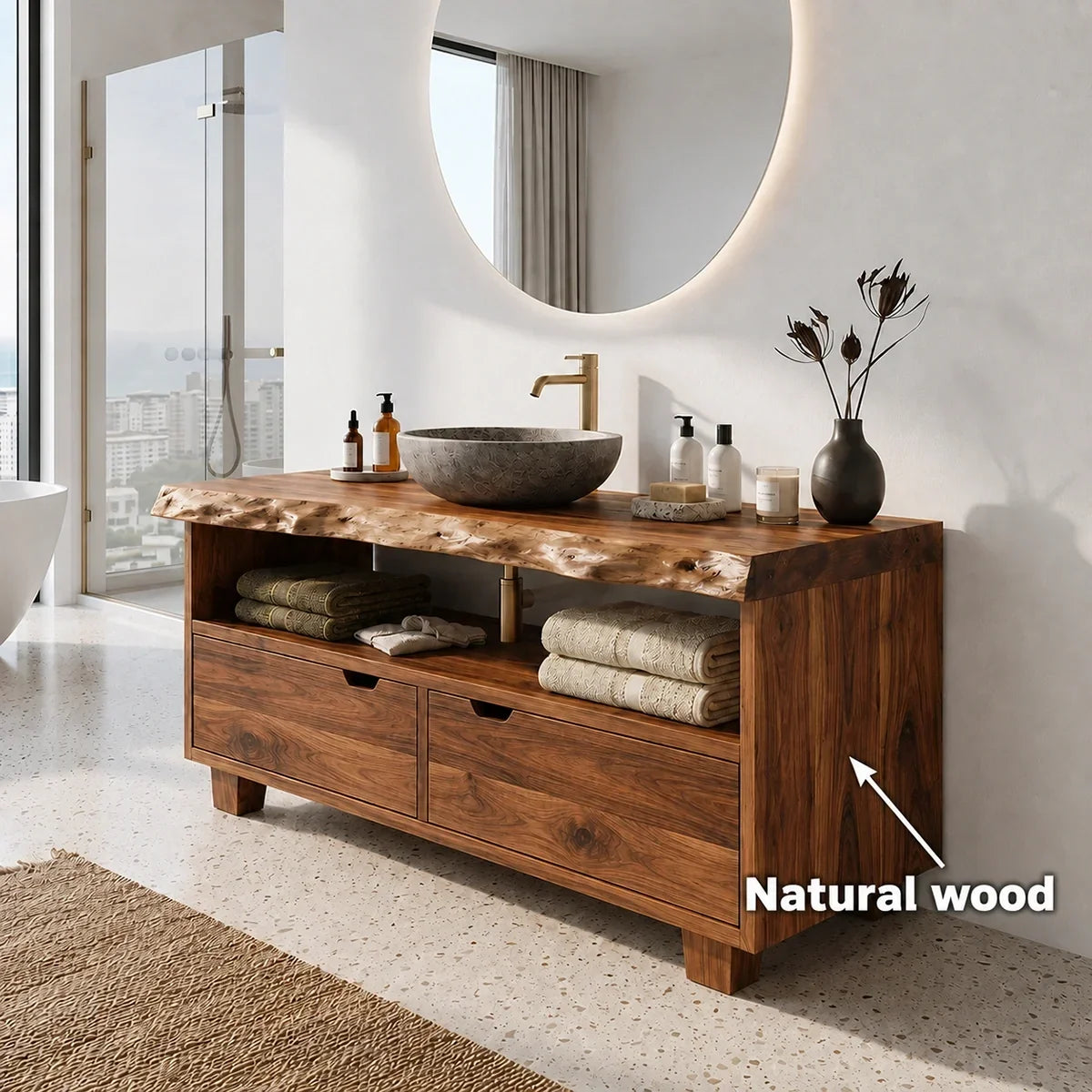 Bathroom Vanity with Two Drawers and Open Shelving in Natural Solid Wood - Arboriswood - 5
