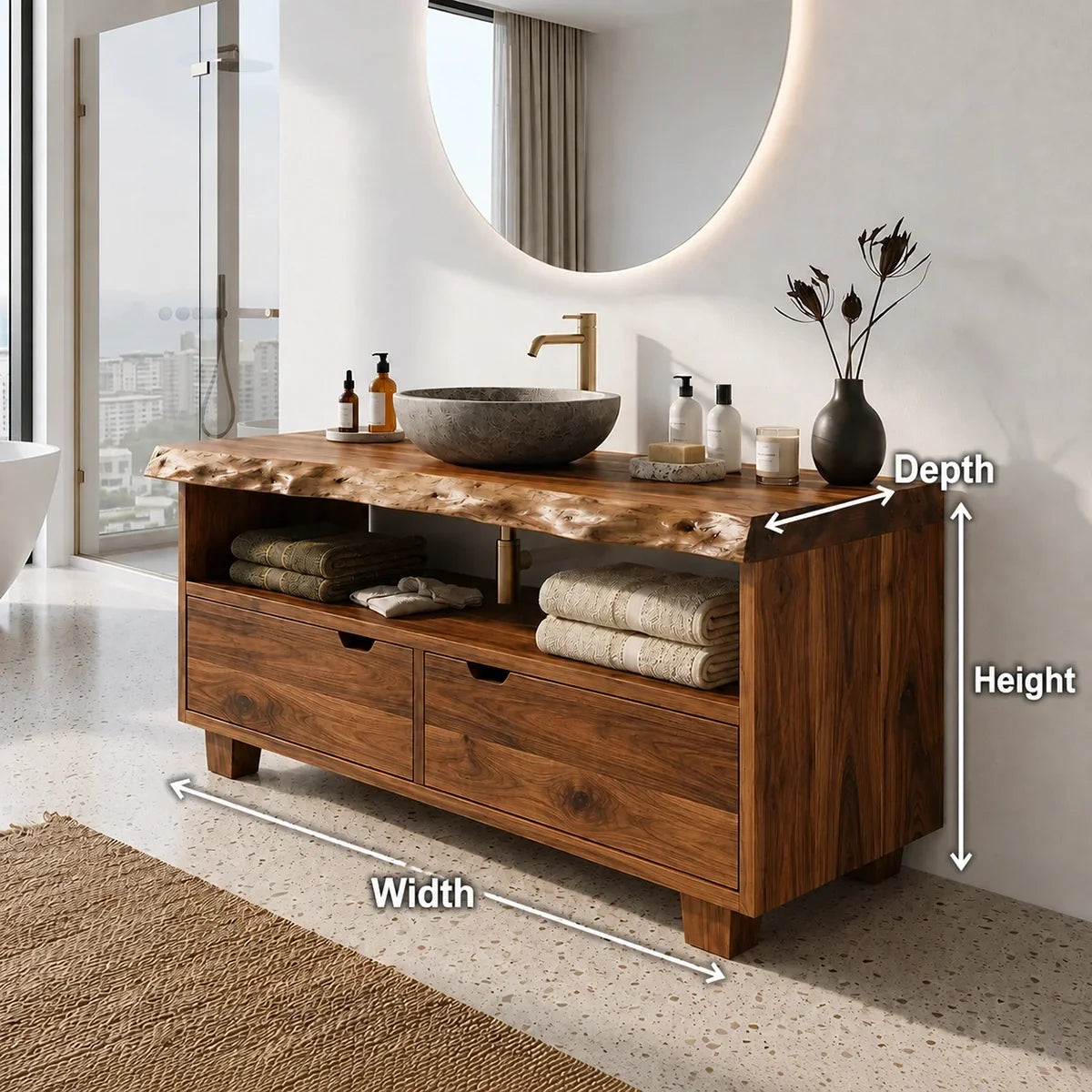 Bathroom Vanity with Two Drawers and Open Shelving in Natural Solid Wood - Arboriswood - 6
