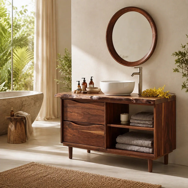 Bathroom Vanity with Two Drawers and Open Shelving in Natural Solid Wood - Arboriswood - 7