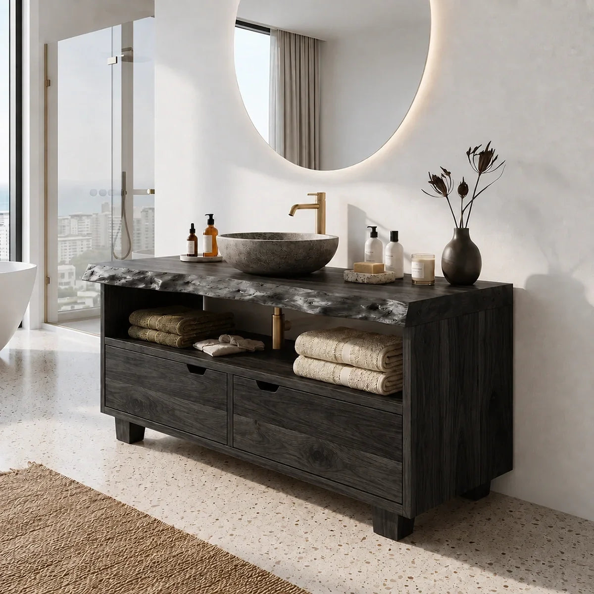 Bathroom Vanity with Two Drawers and Open Shelving in Natural Solid Wood - Arboriswood - 8