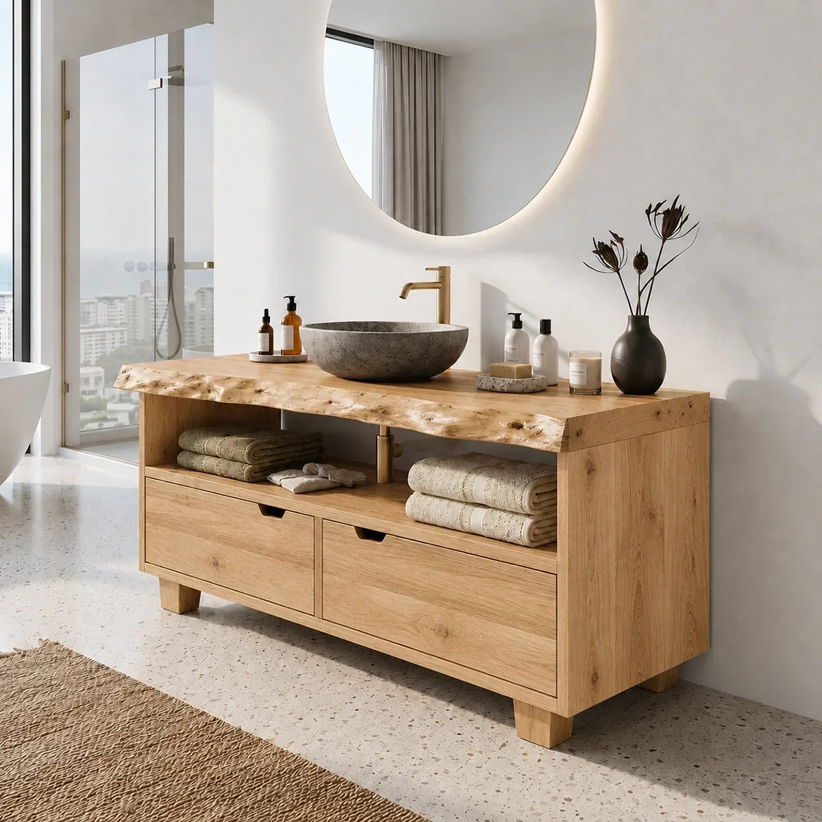 Bathroom Vanity with Two Drawers and Open Shelving in Natural Solid Wood - Arboriswood - 9