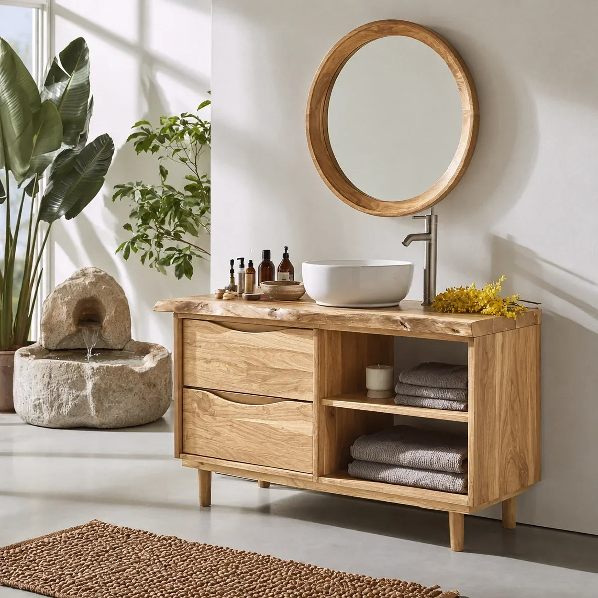 Bathroom Vanity with Two Drawers and Open Shelving in Natural Solid Wood - Arboriswood - 9