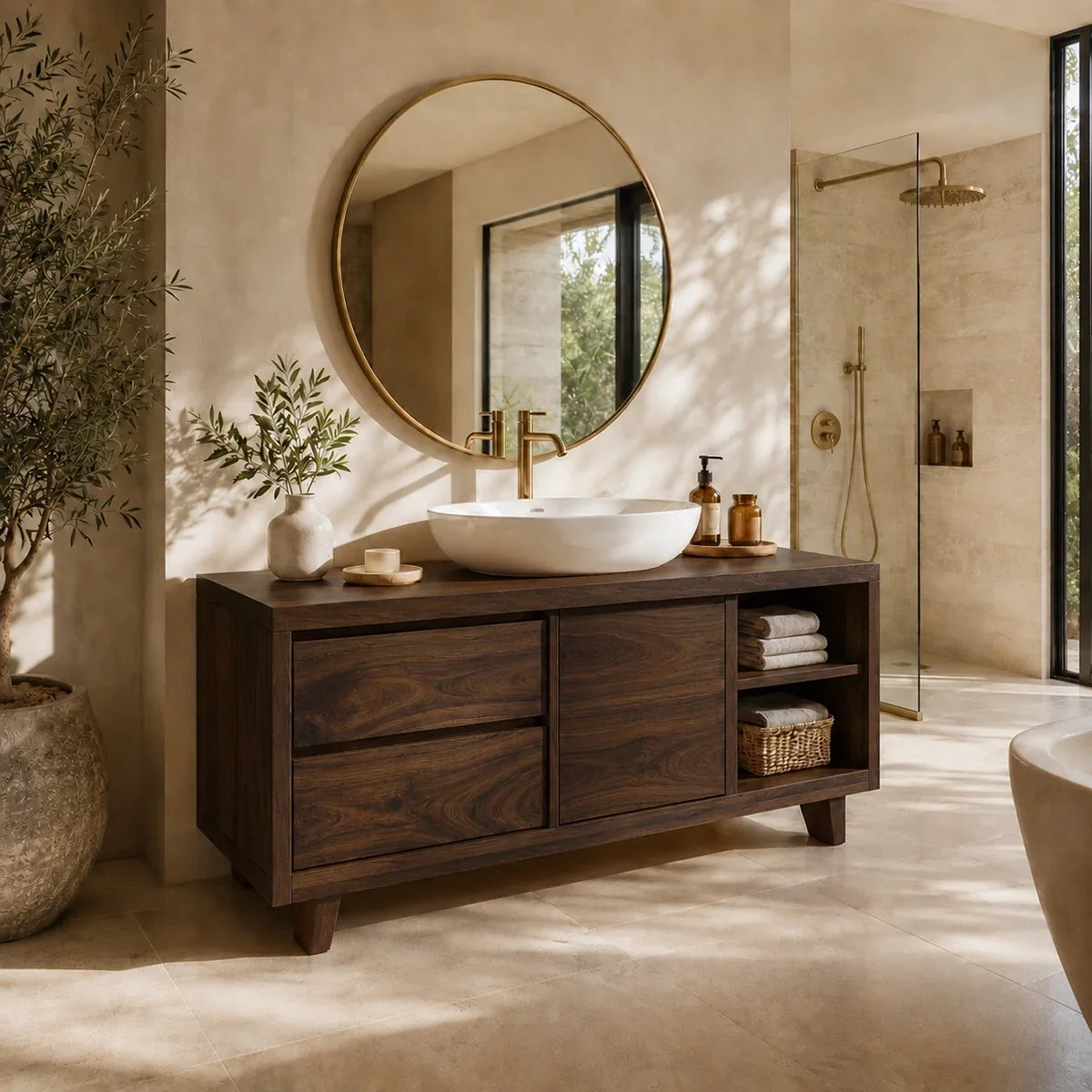 Bathroom Vanity with Two Drawers and Open Storage in Natural Solid Wood - Arboriswood - 10