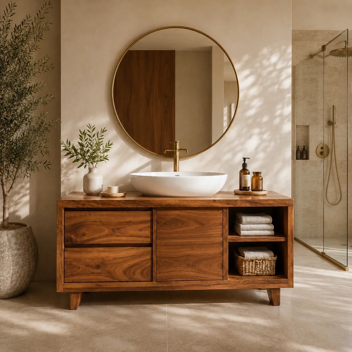 Bathroom Vanity with Two Drawers and Open Storage in Natural Solid Wood - Arboriswood - 2