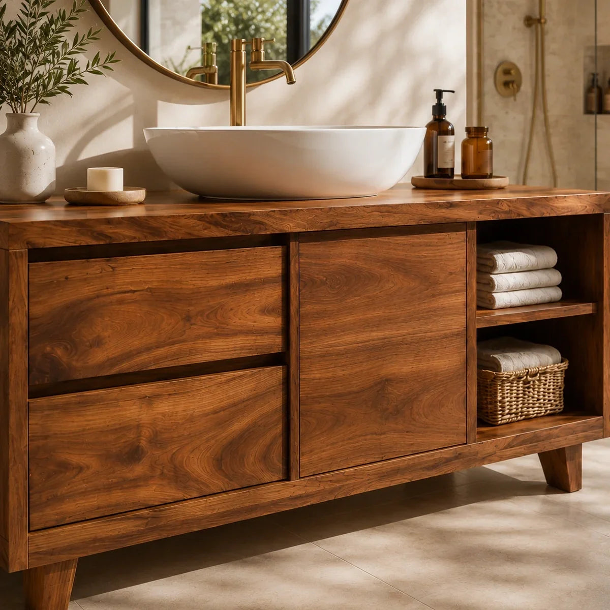 Bathroom Vanity with Two Drawers and Open Storage in Natural Solid Wood - Arboriswood - 3