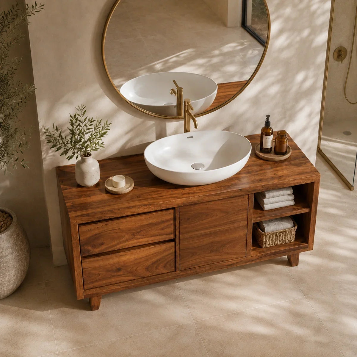 Bathroom Vanity with Two Drawers and Open Storage in Natural Solid Wood - Arboriswood - 4