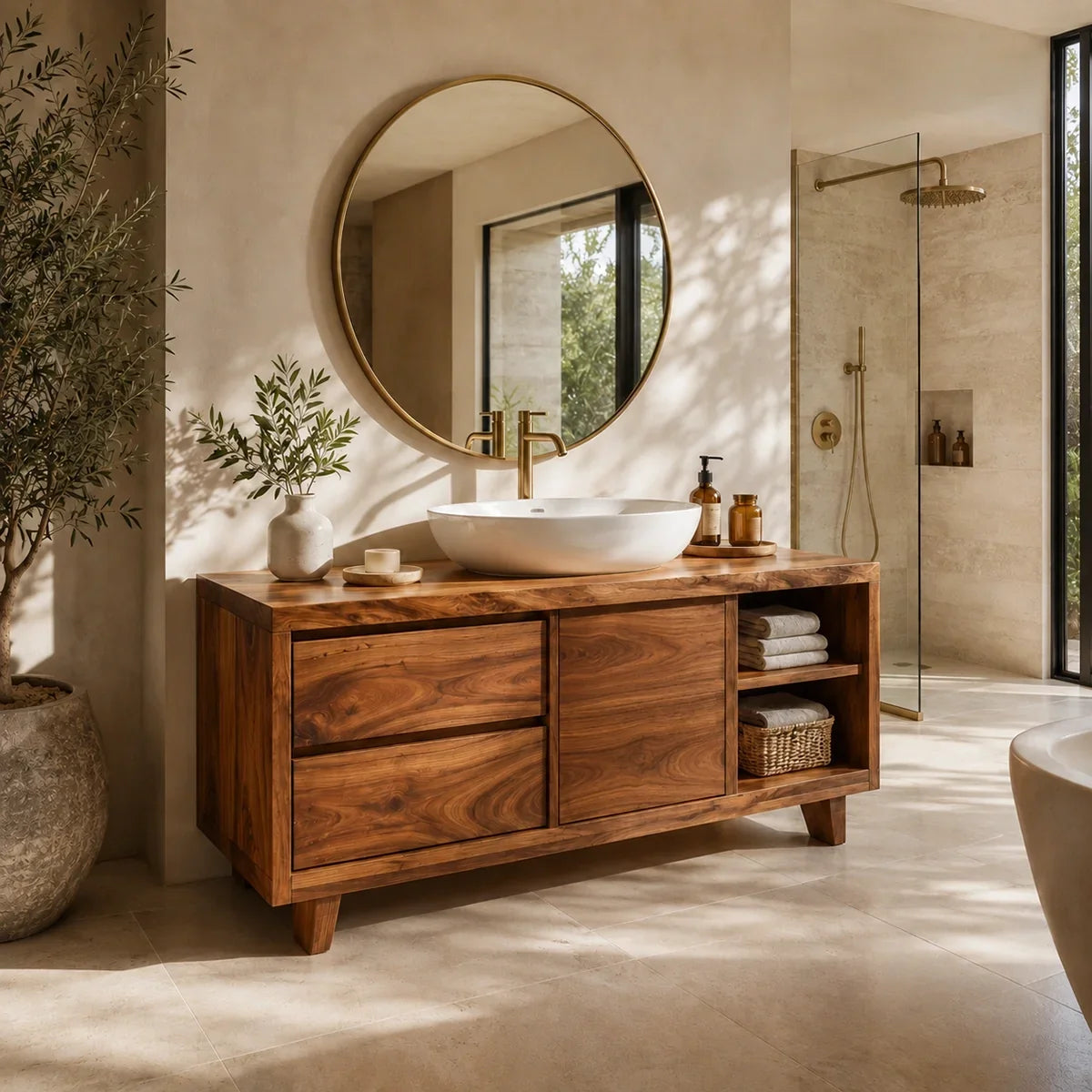 Bathroom Vanity with Two Drawers and Open Storage in Natural Solid Wood - Arboriswood - 7