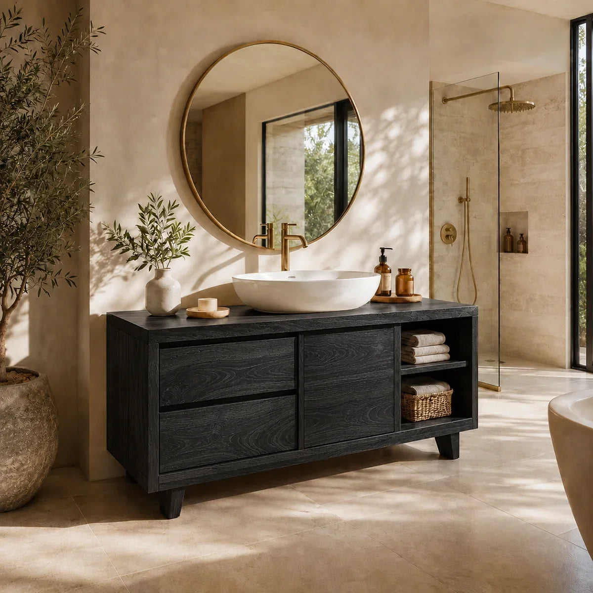 Bathroom Vanity with Two Drawers and Open Storage in Natural Solid Wood - Arboriswood - 8