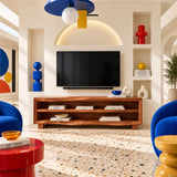 Bring home a modern TV cabinet with open shelving and warm brown tone details throughout