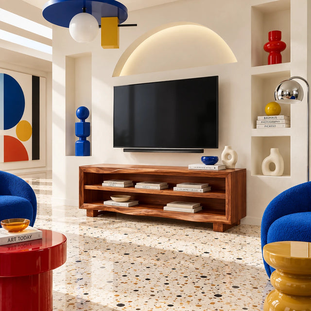 Open shelf media console in natural solid wood for a colorful modern living room