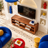 Modern television stand with layered shelving and warm brown tone finish details