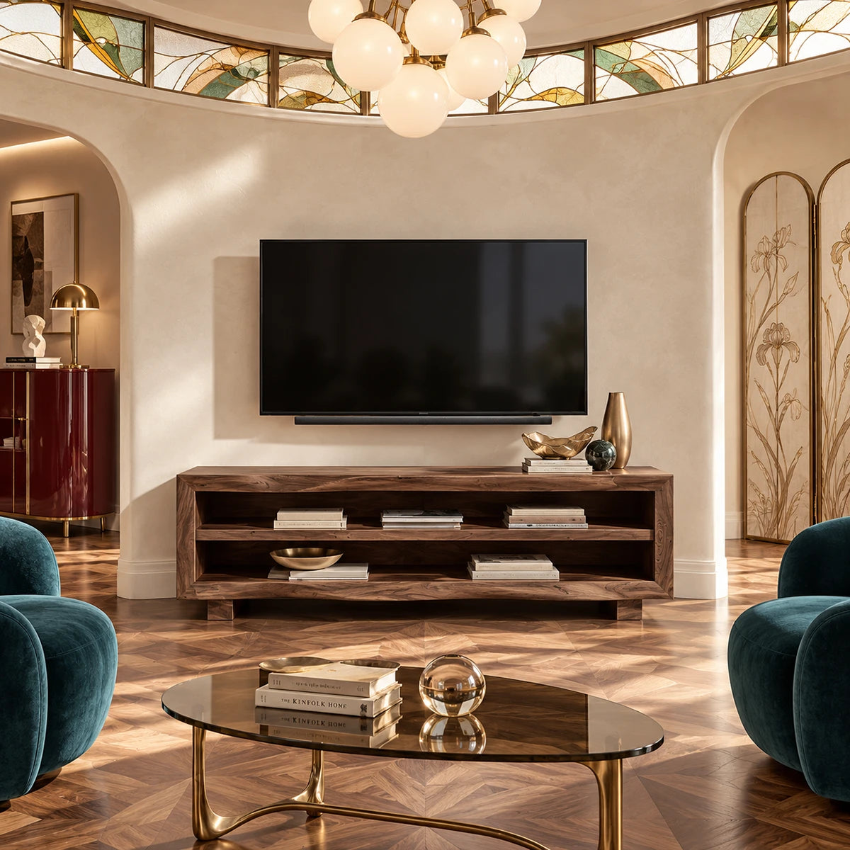 Sleek media unit crafted from natural solid wood with generous open shelf space