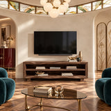 Sleek media unit crafted from natural solid wood with generous open shelf space