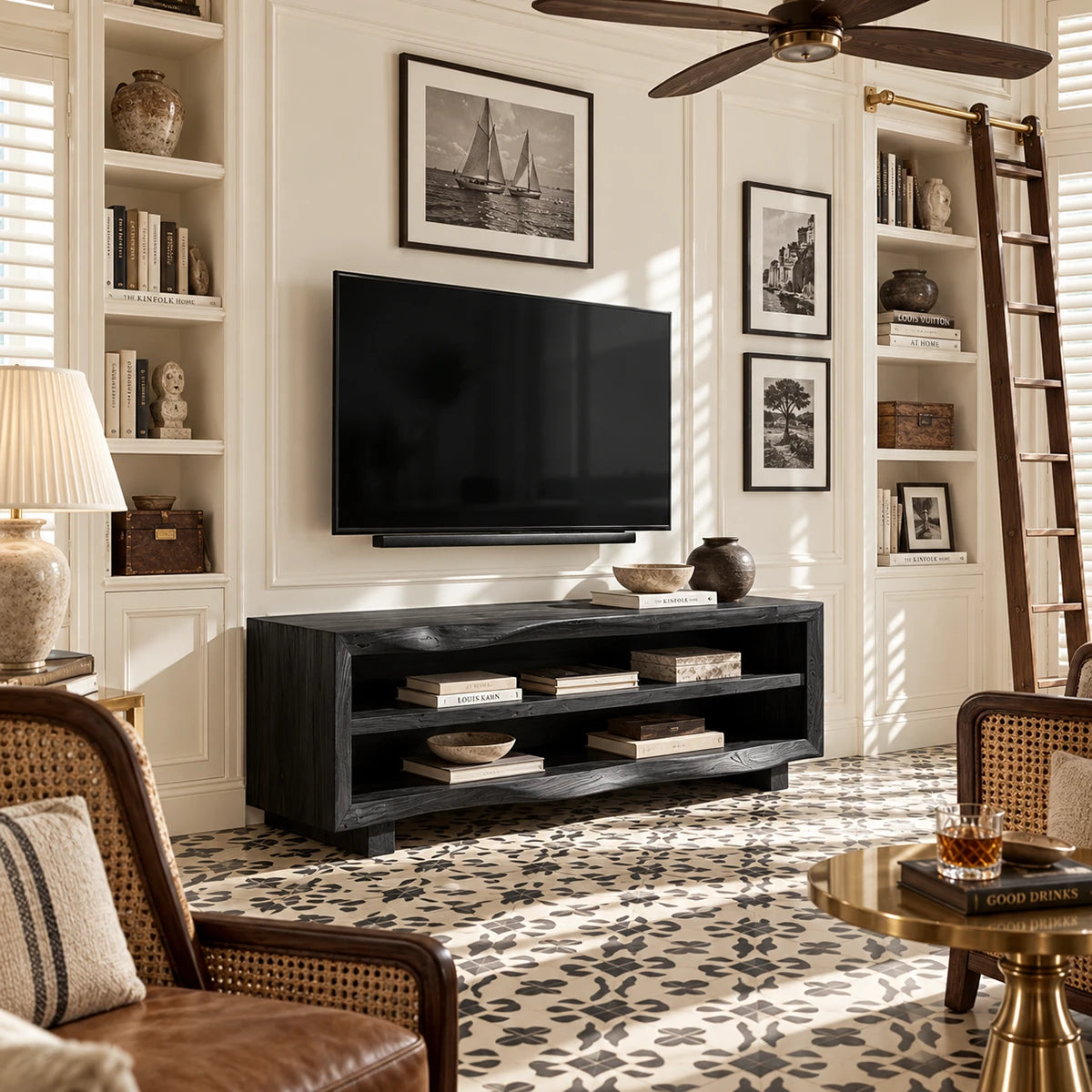 A minimalist TV console with practical shelf storage and rich brown tone details