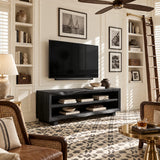 A minimalist TV console with practical shelf storage and rich brown tone details