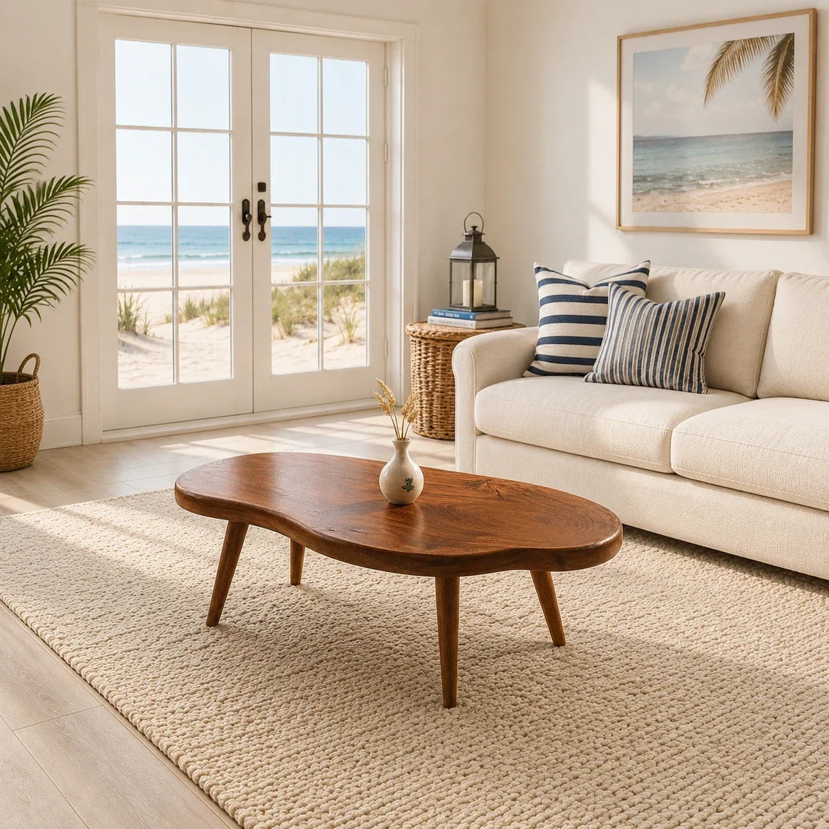 Handcrafted coffee table featuring soft curves and slim legs for relaxed coastal interiors