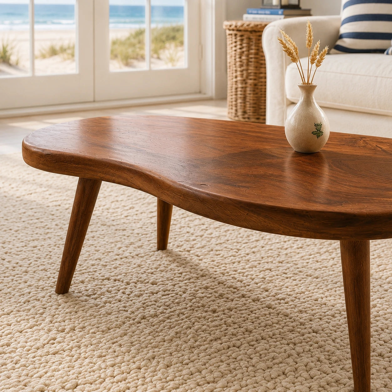 Modern coffee table with flowing contours and tapered solid wood legs for casual interiors