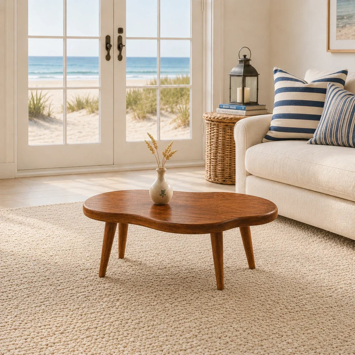 Minimalist coffee table with an organic top and tapered legs for bright modern interiors