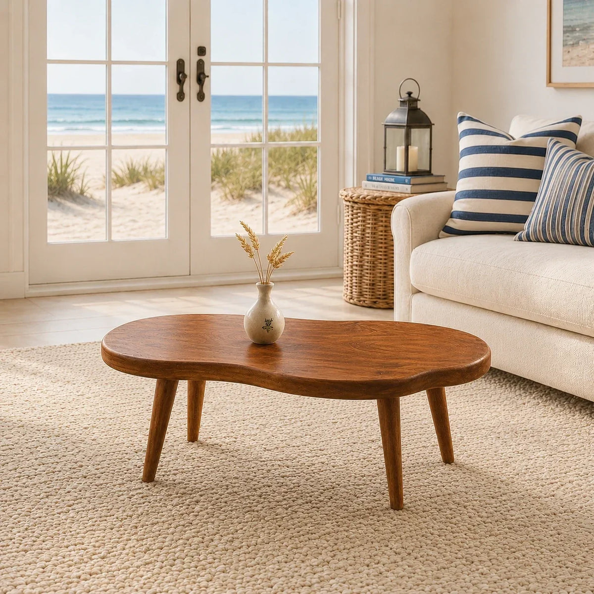 Statement coffee table with fluid edges and solid wood details for relaxed coastal homes
