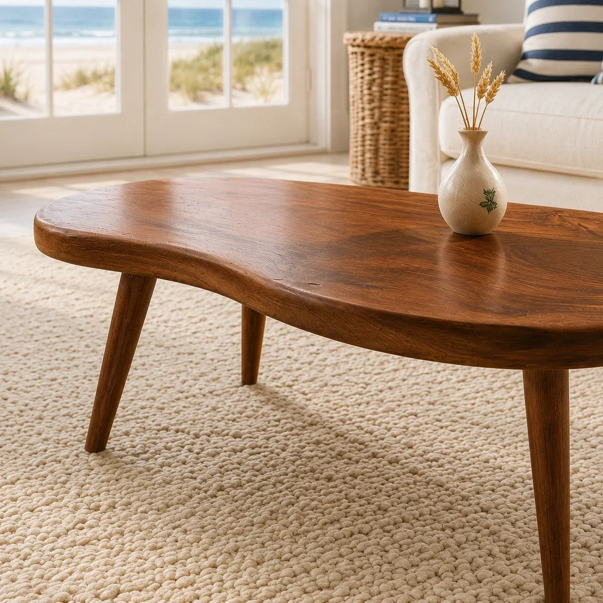 Modern coffee table with flowing contours and tapered solid wood legs for casual interiors