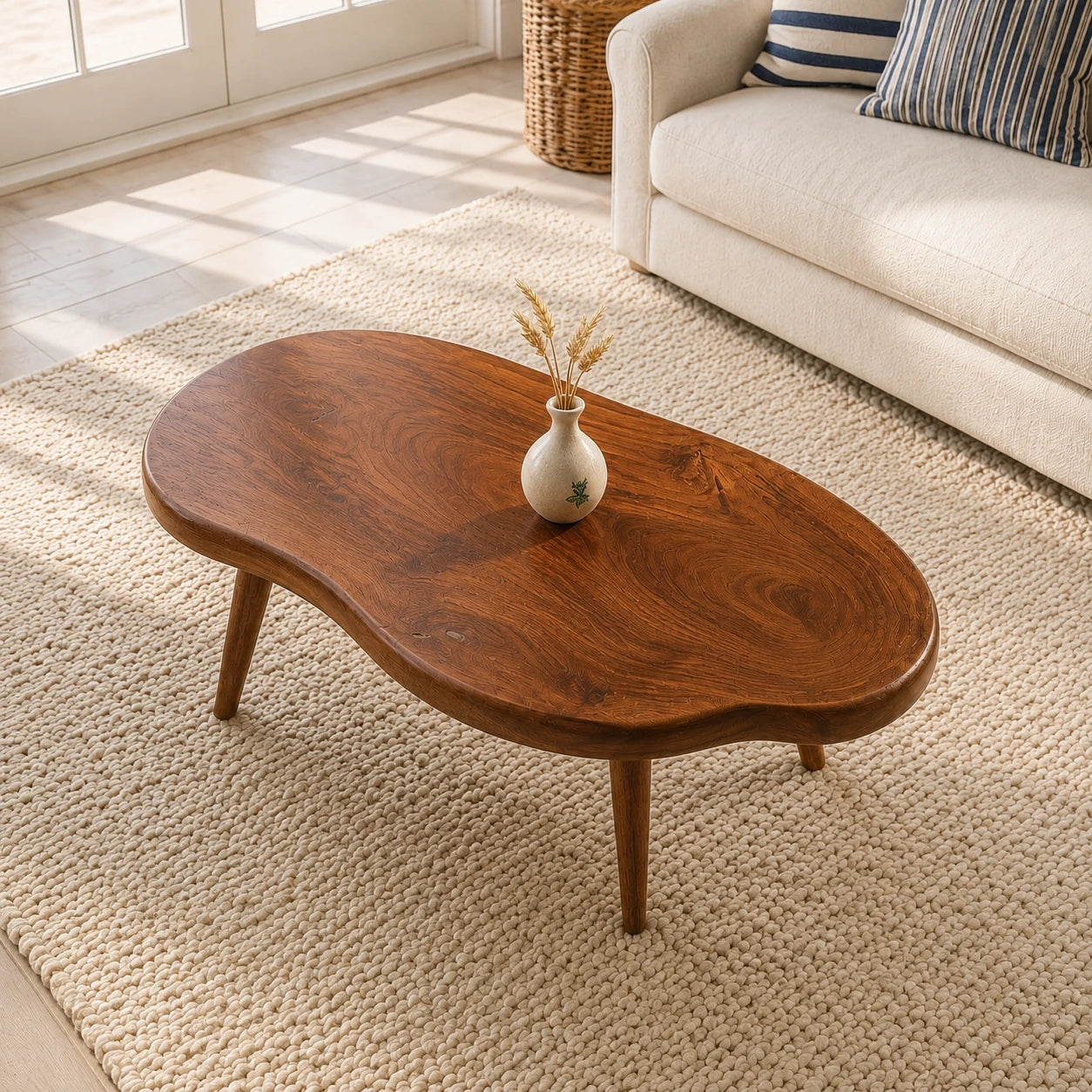 Low profile coffee table with irregular curves and handcrafted legs in a coastal home