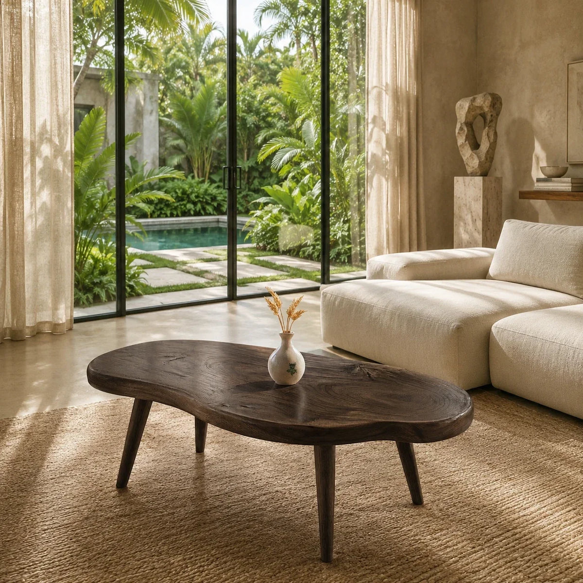 Artisan coffee table with a sculpted solid wood top and slender legs for calm interiors