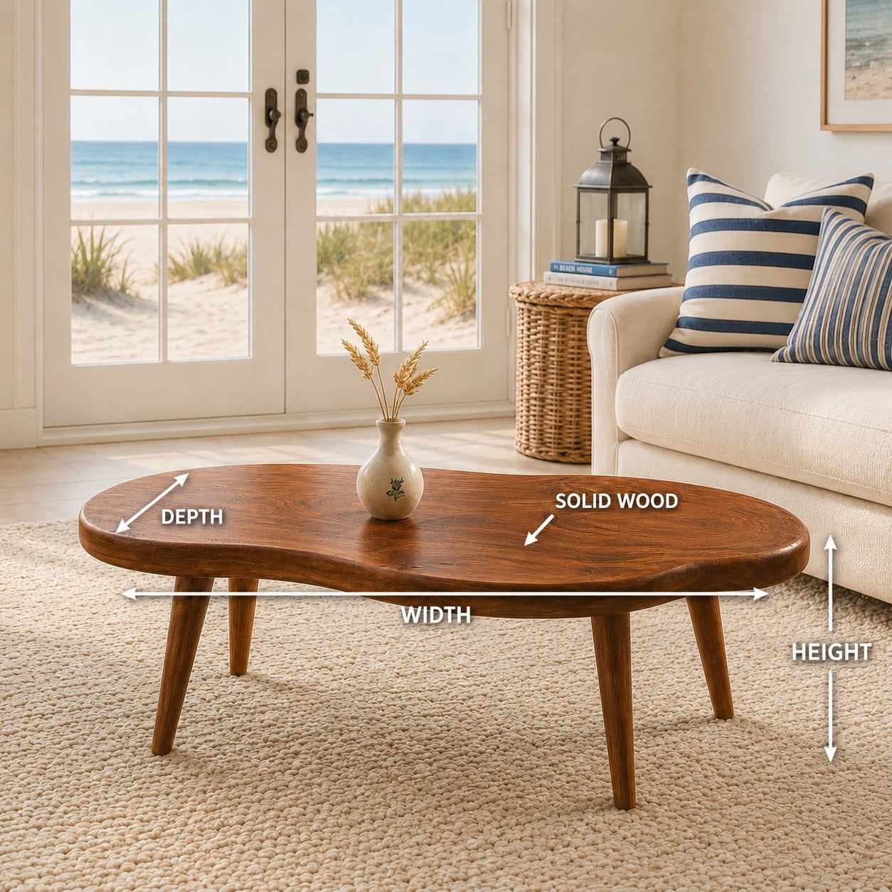 Contemporary coffee table with smooth curves and slim solid wood legs in a beachside room