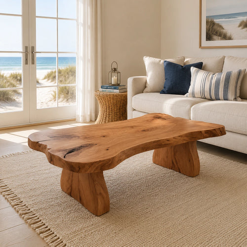 Live edge coffee table with sculpted slab top and broad solid wood legs in a coastal room